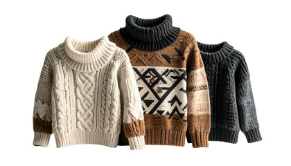 Three cozy turtleneck sweaters, in cream, brown pattern, and dark gray, isolated