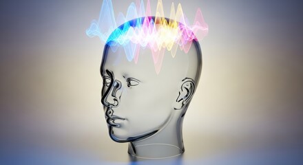 Transparent human head with colorful brain activity waves. Concept of mind, intelligence, thinking, and brain health for medical education.