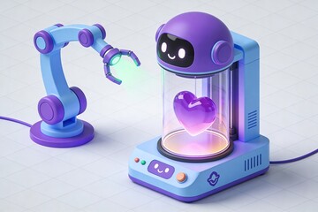 Cute 3D illustration of a smiling robot head inside a glass chamber with glowing heart and robotic arm, symbolizing friendly artificial intelligence, digital love and futuristic healthcare technology.