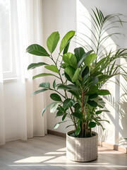Fototapeta premium Bright Minimal Interior with Houseplant Pot by Sunlit Window.