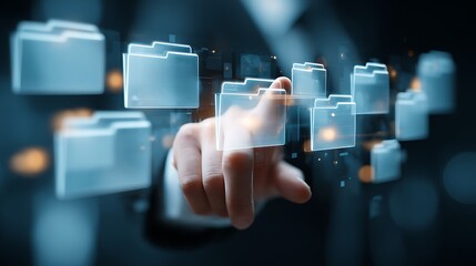 A person interacting with digital folders, showcasing data management concepts