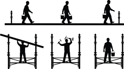 Construction worker silhouettes on scaffolding carrying tools buckets and beams, building maintenance labor process, black vector illustration isolated background