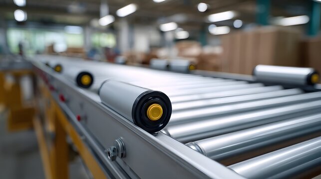 Close up view of an empty industrial roller conveyor system in a factory or warehouse