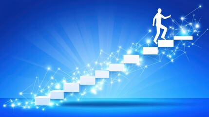 Abstract representation of a person climbing digital stairs on a blue background symbolizing progress and growth