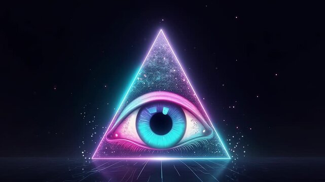 A luminous neon eye and pyramid contrast sharply with a dark background, reflecting themes of surveillance, facial recognition technology, global power, privacy invasion, blackmail, and encryption