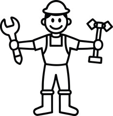 Handyman character holding multiple tools line art illustration