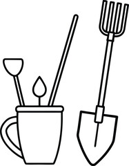 Gardening tools bundle with shovel rake hoe line art illustration