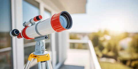 Telescope on balcony tripod observing bright sunny day environment, focusing on home astronomy and scientific exploration