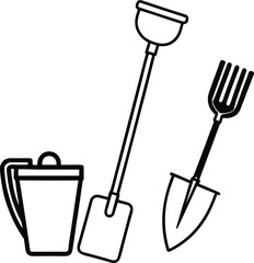 Gardening tools bundle with shovel rake hoe line art illustration
