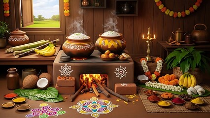Festive Thai Pongal Celebration with Traditional Chakkara Pongal and Ritual Offerings