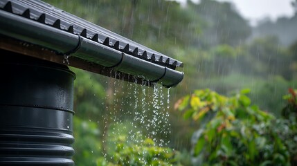 Rain pours from a dark green gutter, over a metal rainwater tank, into lush green foliage