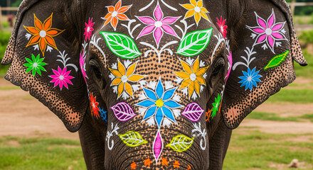 Elaborately adorned elephants during Holi, the Hindu festival of colours, in Jaipur, India. Images of peacocks and tigers on the foreheads.