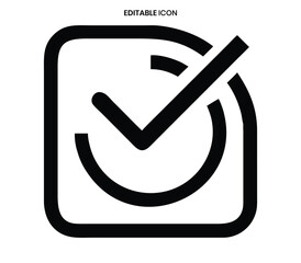 A black and white icon depicting a square frame with a checkmark and a curved line