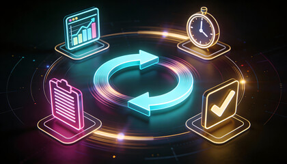Premium digital illustration of AI shortening feedback loops for faster iteration with glowing neon circular arrows and icons for real time analytics pacing and validated results