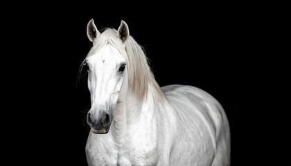 Obraz premium White Horse on Black Background for Equine Elegance and Dramatic Animal Portrait Photography Concepts