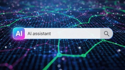 Artificial Intelligence Assistant Search Query Interface Over Futuristic Digital Network, Symbolizing AI Technology, Machine Learning, and Smart Solutions for Data Exploration.
