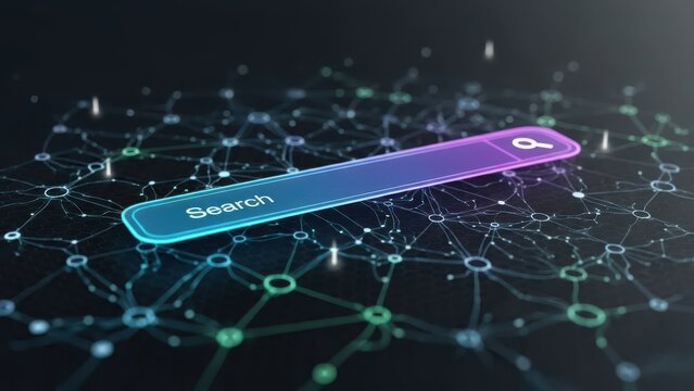 Abstract digital search bar on a glowing network background, representing online search and data connection, futuristic concept. - Powered by Adobe