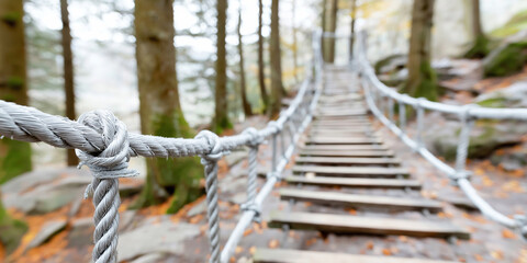Rope bridge made of wood planks extending through autumn forest, symbolizing journey, adventure, and overcoming challenges