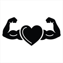 A powerful heart symbol with strong muscular arms flexing on a clean white background