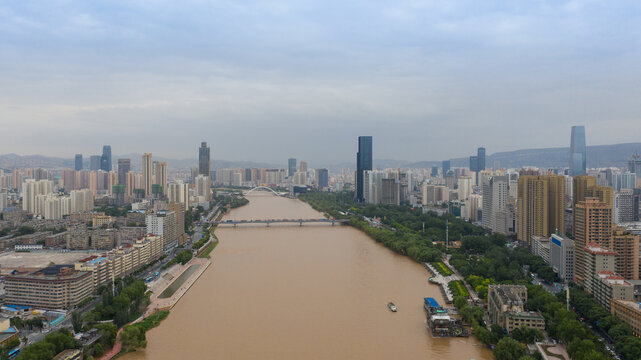 Lanzhou Cityscape with Yellow River, Gansu Province Aerial Photography