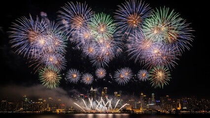 Spectacular fireworks ignite the dark night sky over a vibrant city skyline, reflecting their brilliant colors on the calm waters below, creating a memorable festive scene