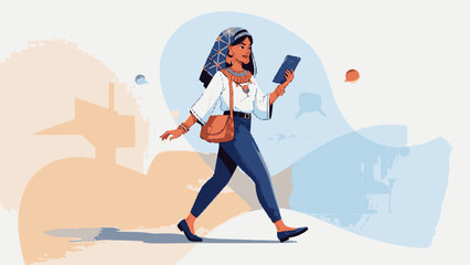 Woman walking and looking at her tablet.