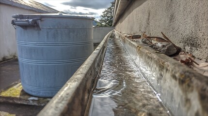 A close-up view of a gutter filled with water, next to a large plastic storage container