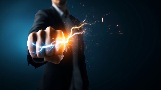 Businessman punching, generating powerful electric energy and dynamic sparks, demonstrating strength and innovation