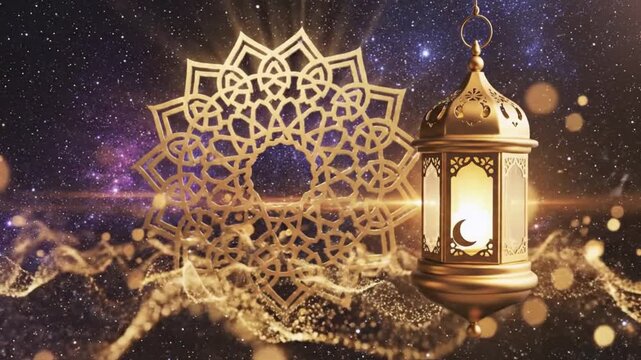 A radiant golden lantern with a crescent moon glows beside an ornate circular geometric pattern against a starry dark sky with shimmering golden dust