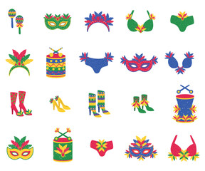 Large Brazilian Carnival elements set with masks feathers costumes drums maracas and festival accessories illustration