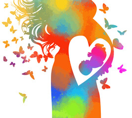 Fototapeta premium Silhouette of a colored pregnant woman with butterflies. Hand drawn. Not AI, vector illustration.