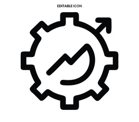 A black line icon depicting a gear with an upward trending graph and an arrow