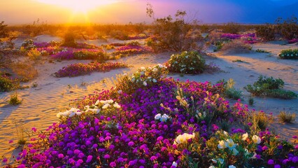 American desert landscape with cactus plants, sandy terrain and distant mountains under a colorful sky, representing the arid environment of the southwestern United States. © anes