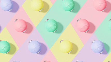 Pastel colored round objects pattern on diagonal diamond background creating a playful and decorative texture