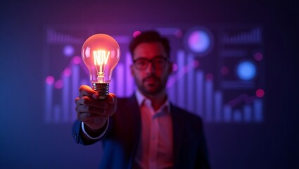 Businessman Holding Glowing Light Bulb with Financial Data Background