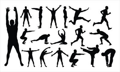 Many human silhouettes performing a wide range of different physical exercises and stretching movements on white