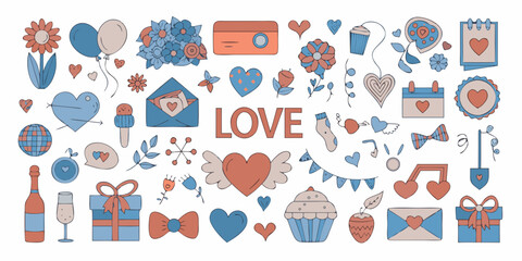 A colorful collection of love themed illustrations and romantic decorative elements