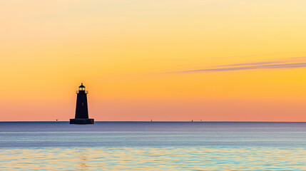Lighthouse standing in calm ocean waters at sunset, showing navigation aid and peaceful evening light