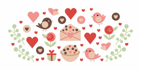 A charming valentine s day illustration with birds hearts and sweet treats