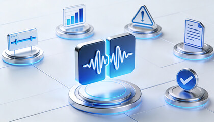 3D digital illustration of a split audio wave icon representing AI detection of deepfakes and voice manipulation with interface icons for data analytics security alerts and verified results