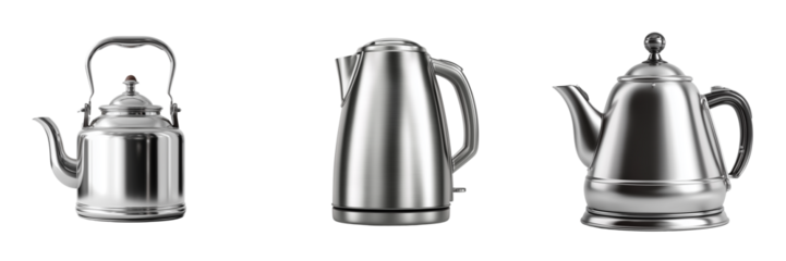 Three silver kettles including a stovetop and electric model isolated on a transparent background metal