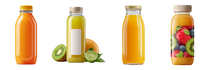 Four bottles of fruit juice with fruits and lime slices isolated on a transparent background
