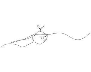 Continuous line drawing of hand holding growing sprout. Single line illustration of human seedling. Nature eco friendly concept. Editable outline