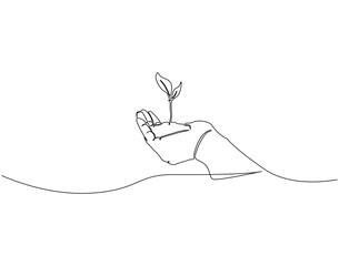 Continuous line drawing of hand holding growing sprout. Single line illustration of human seedling. Nature eco friendly concept. Editable outline