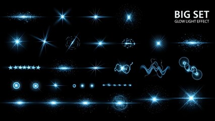 A large collection of various blue light effects and lens flares on a black background