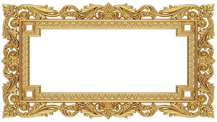 A luxurious and intricate golden frame with baroque-style carvings isolated on white