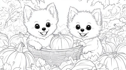 Two puppies in pumpkin patch basket, autumn scene, coloring page