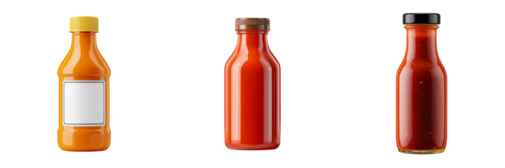 Three glass bottles of sauces with different colored caps and contents isolated on a transparent background