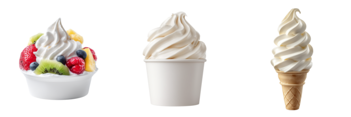 Three frozen yogurt desserts including fruit cup cone and paper cup isolated on a transparent background