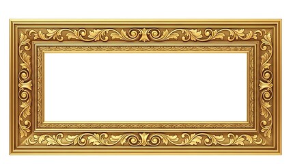 Ornate golden picture frame with intricate carvings isolated on white background